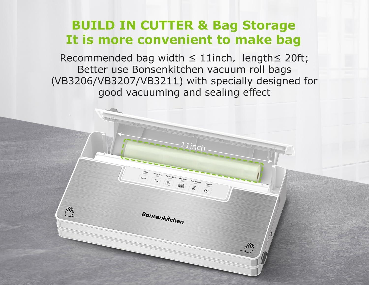 imageBonsenkitchen Vacuum Sealer Machine Stainless Steel Food Sealer Vacuum Sealers with 1 Roll ampamp 5 Bags 5 Food Vacuum Modes Builtin Cutter ampamp Bag Storage White SilverWhiteSilver