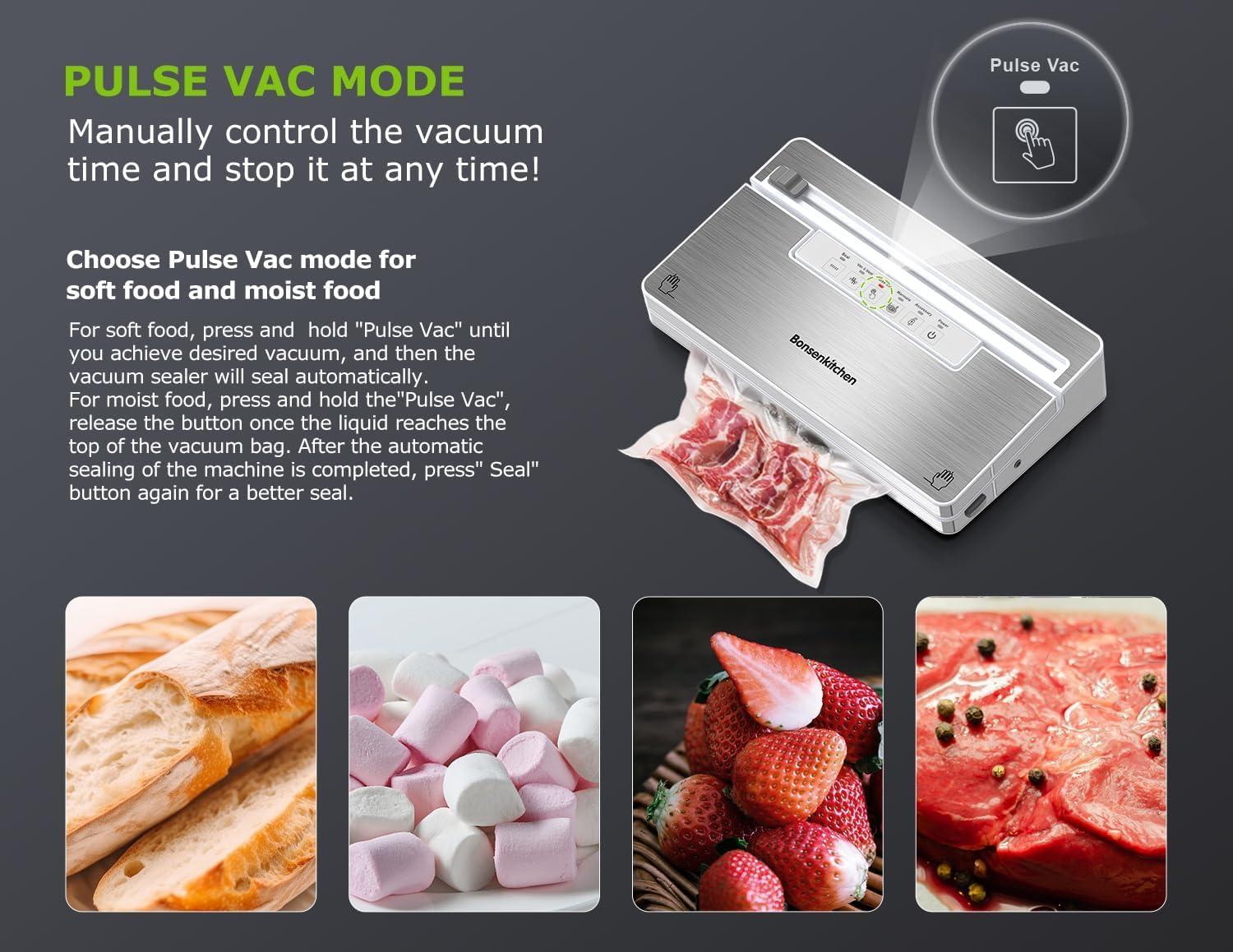 imageBonsenkitchen Vacuum Sealer Machine Stainless Steel Food Sealer Vacuum Sealers with 1 Roll ampamp 5 Bags 5 Food Vacuum Modes Builtin Cutter ampamp Bag Storage White SilverWhiteSilver