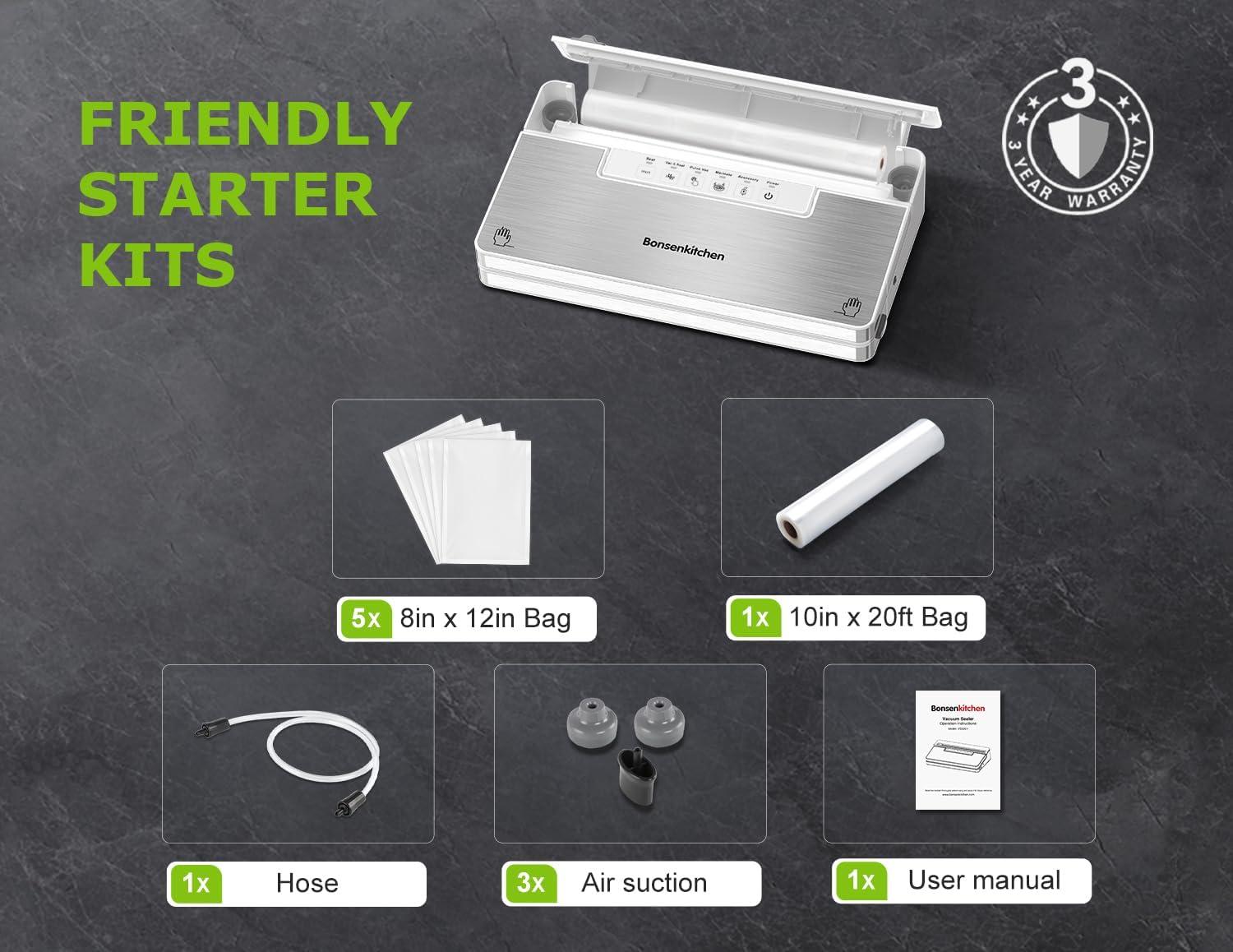 imageBonsenkitchen Vacuum Sealer Machine Stainless Steel Food Sealer Vacuum Sealers with 1 Roll ampamp 5 Bags 5 Food Vacuum Modes Builtin Cutter ampamp Bag Storage White SilverWhiteSilver