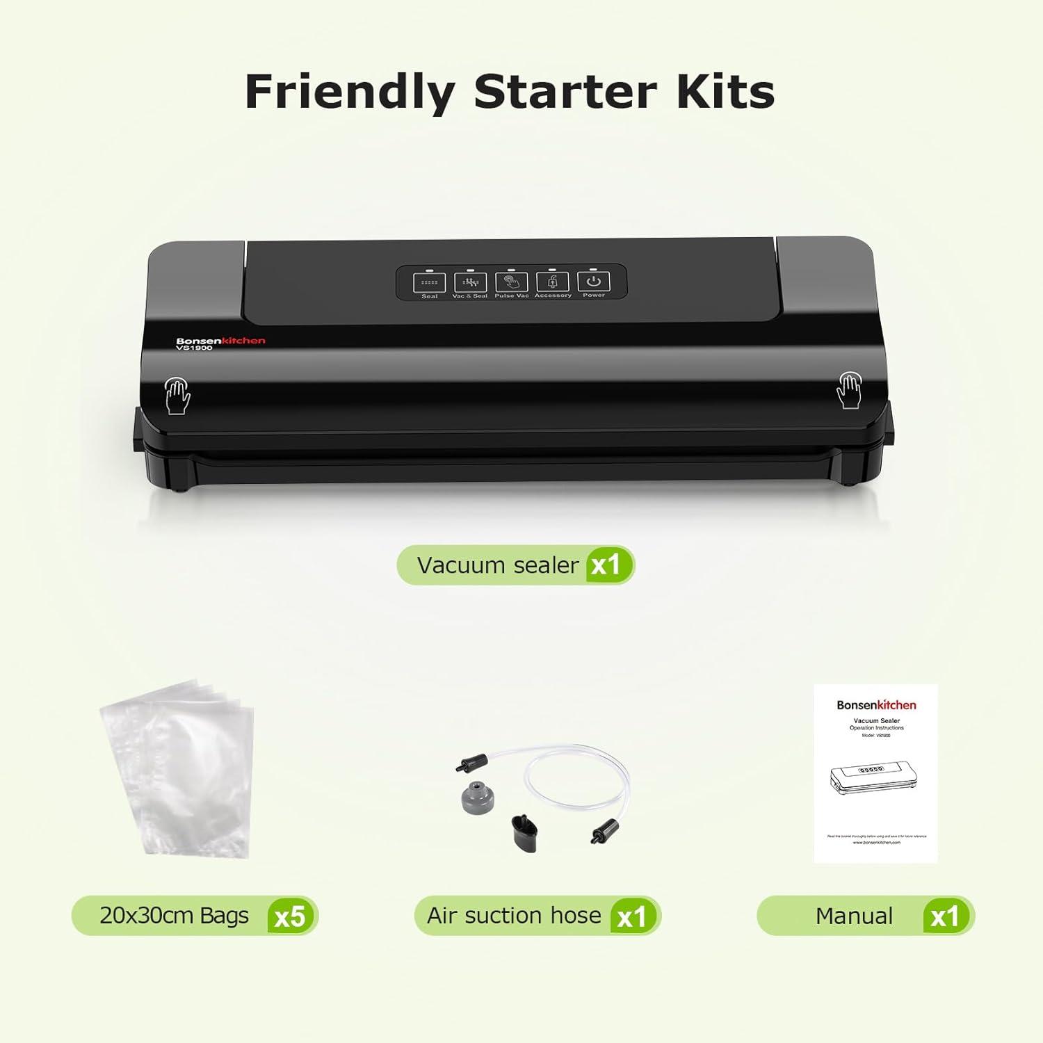 imageBonsenkitchen Vacuum Sealer MultiFunctional Food Sealer with 1 Roll Bag 5 Bags Bag Storage  Builtin Cutter SilverStainless steelBlack