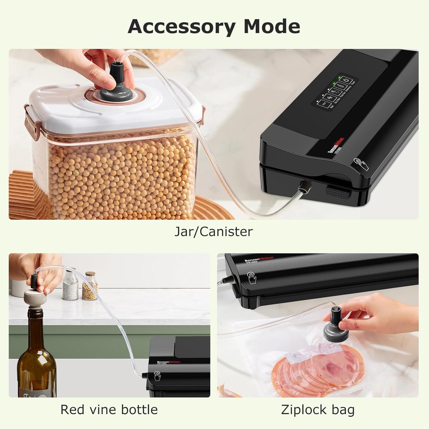 imageBonsenkitchen Vacuum Sealer MultiFunctional Food Sealer with 1 Roll Bag 5 Bags Bag Storage  Builtin Cutter SilverStainless steelBlack