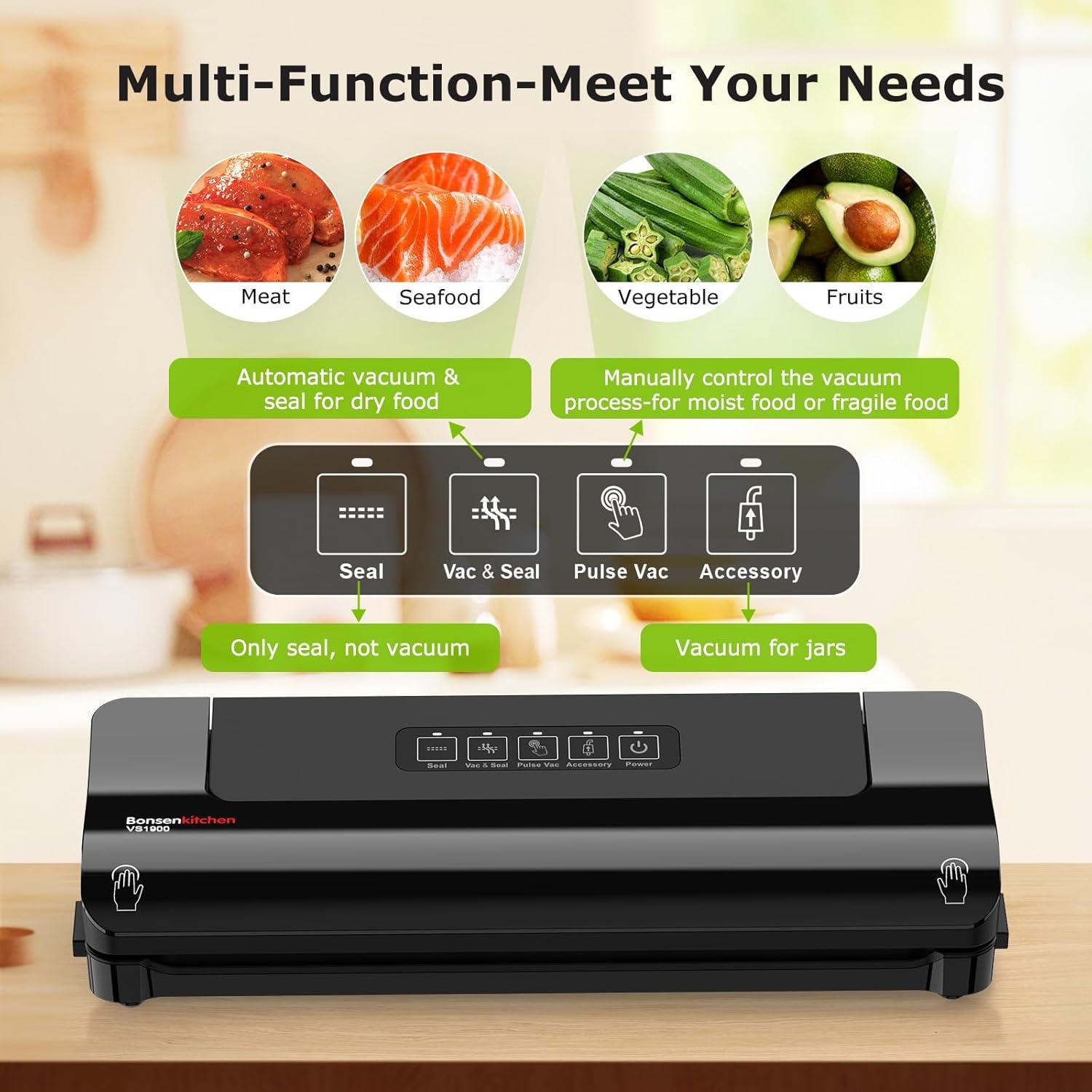 imageBonsenkitchen Vacuum Sealer MultiFunctional Food Sealer with 1 Roll Bag 5 Bags Bag Storage  Builtin Cutter SilverStainless steelBlack