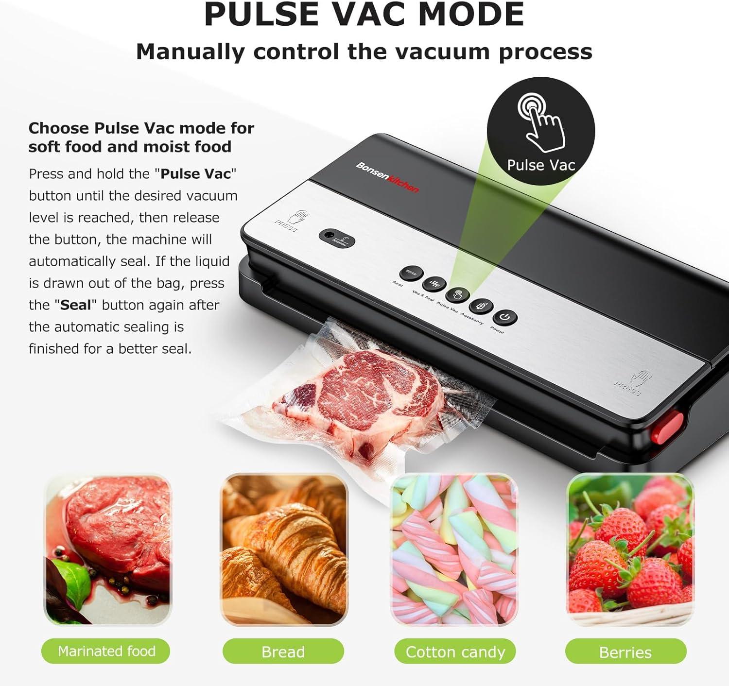 imageBonsenkitchen Vacuum Sealer MultiFunctional Food Sealer with 1 Roll Bag 5 Bags Bag Storage  Builtin Cutter SilverStainless steelBlackSilver