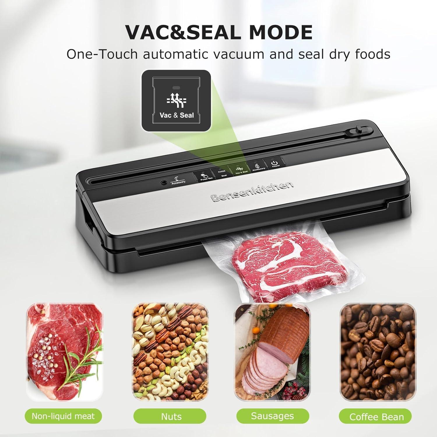 imageBonsenkitchen Vacuum Sealer MultiFunctional Food Sealer with 1 Roll Bag 5 Bags Bag Storage  Builtin Cutter SilverStainless steelSilverStainless steel