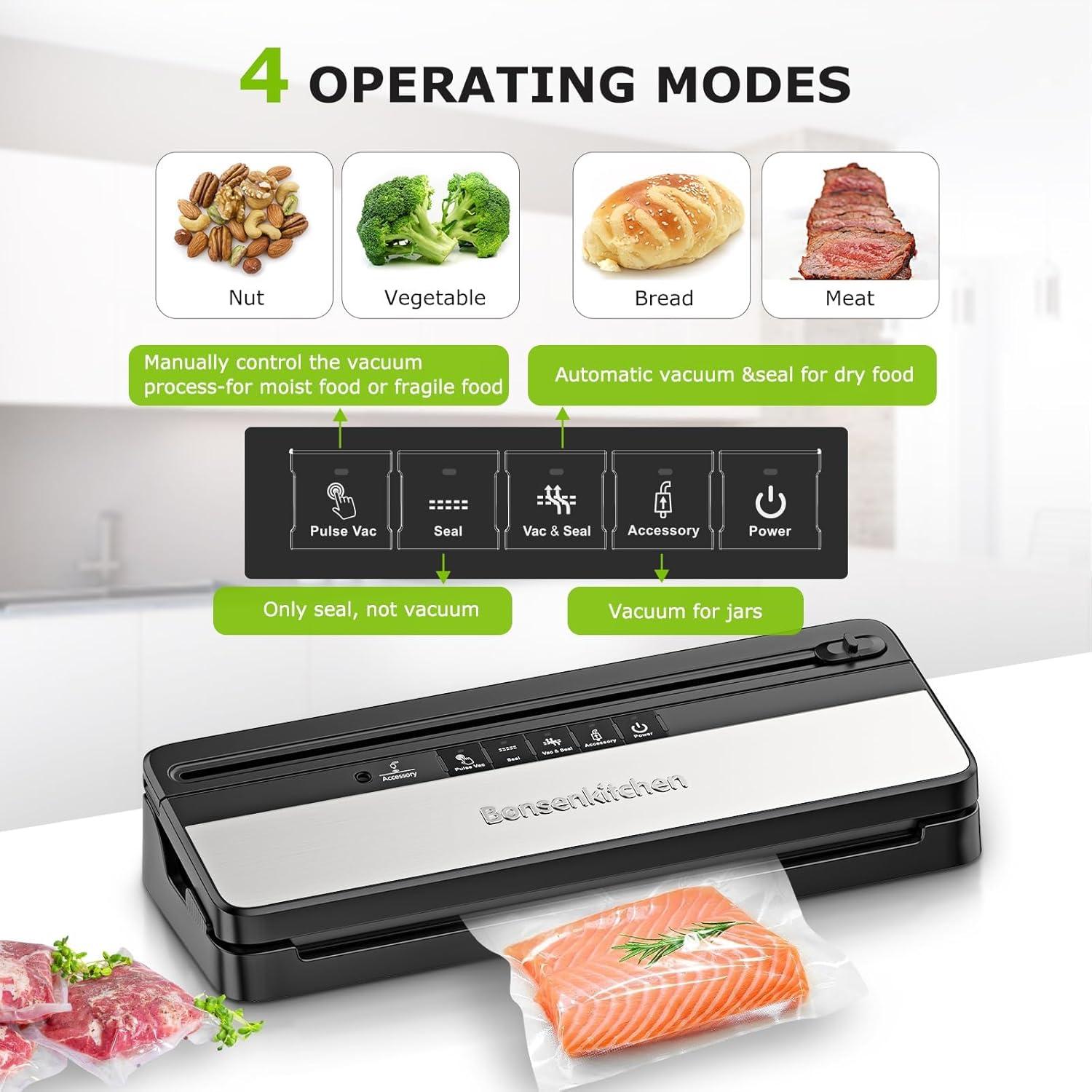 imageBonsenkitchen Vacuum Sealer MultiFunctional Food Sealer with 1 Roll Bag 5 Bags Bag Storage  Builtin Cutter SilverStainless steelSilverStainless steel