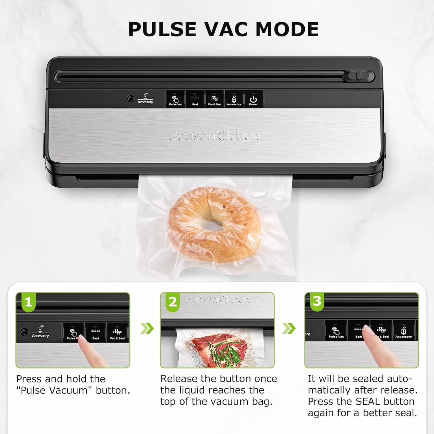 imageBonsenkitchen Vacuum Sealer MultiFunctional Food Sealer with 1 Roll Bag 5 Bags Bag Storage  Builtin Cutter SilverStainless steelSilverStainless steel