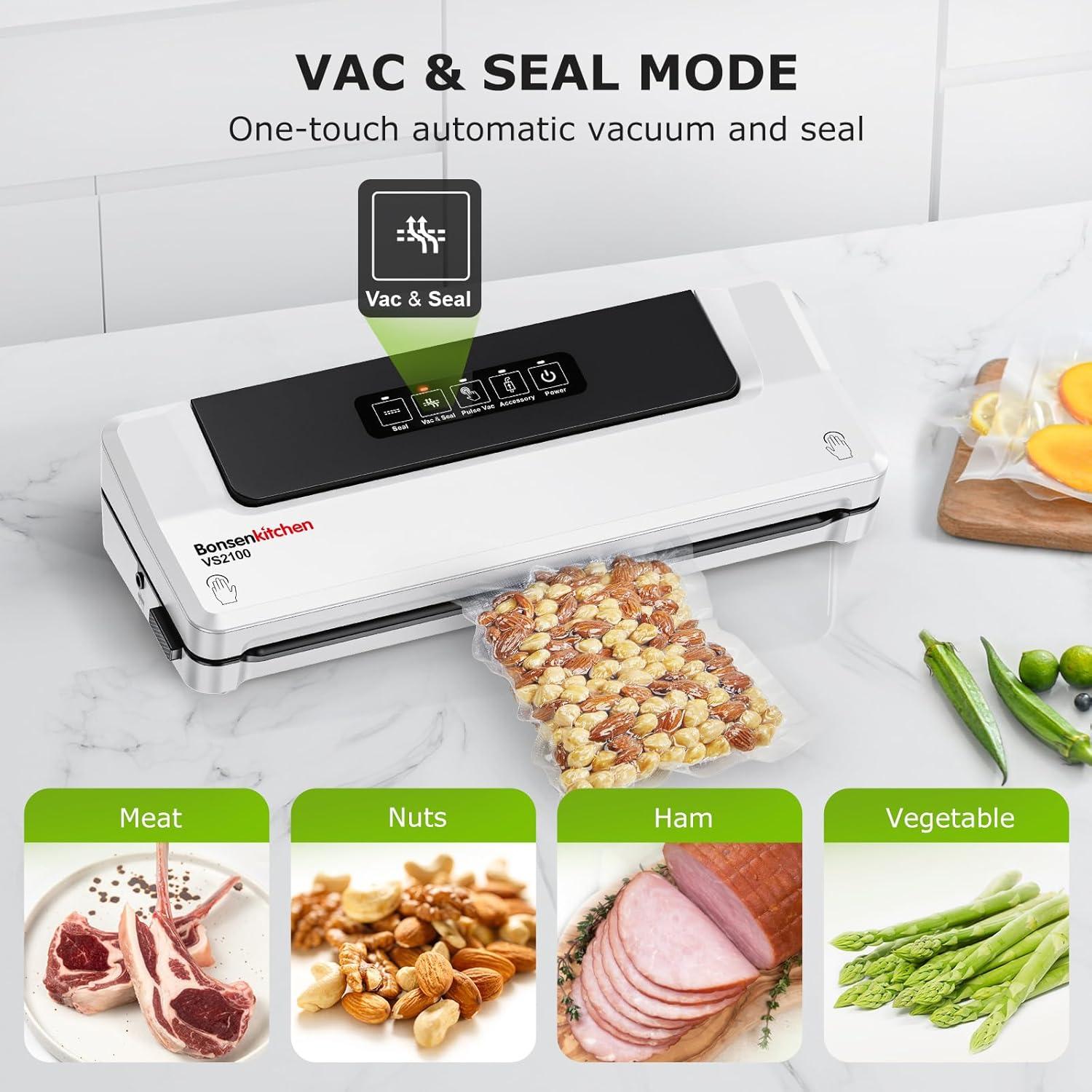 imageBonsenkitchen Vacuum Sealer MultiFunctional Food Sealer with 1 Roll Bag 5 Bags Bag Storage  Builtin Cutter SilverStainless steelWhite