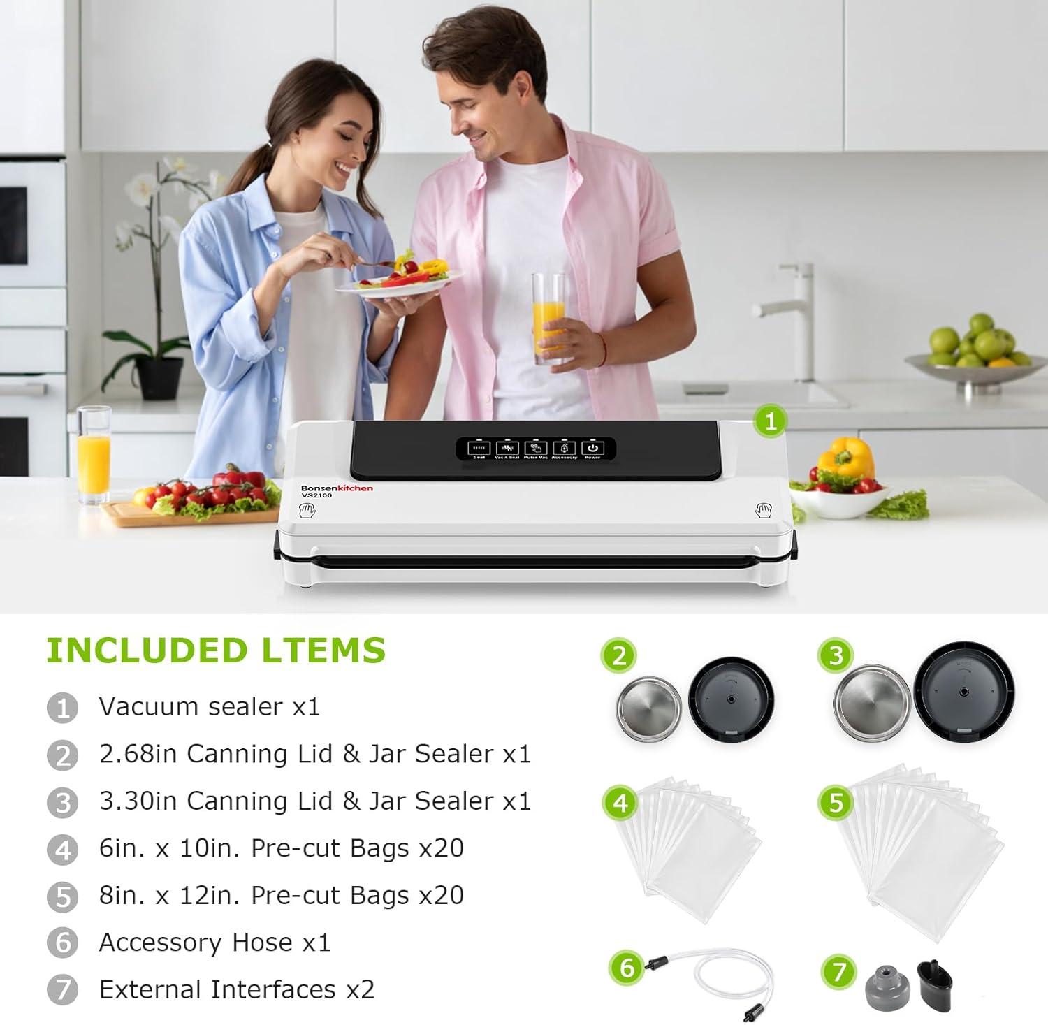 imageBonsenkitchen Vacuum Sealer MultiFunctional Food Sealer with 1 Roll Bag 5 Bags Bag Storage  Builtin Cutter SilverStainless steelWhite