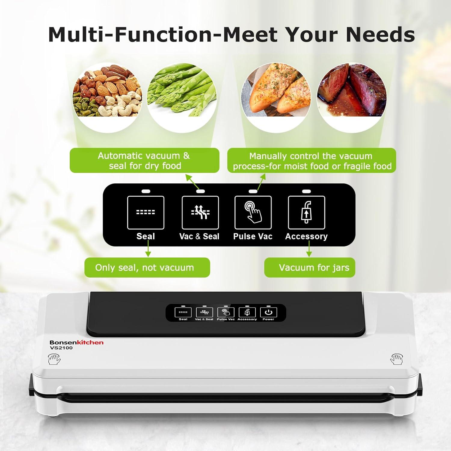 imageBonsenkitchen Vacuum Sealer MultiFunctional Food Sealer with 1 Roll Bag 5 Bags Bag Storage  Builtin Cutter SilverStainless steelWhite
