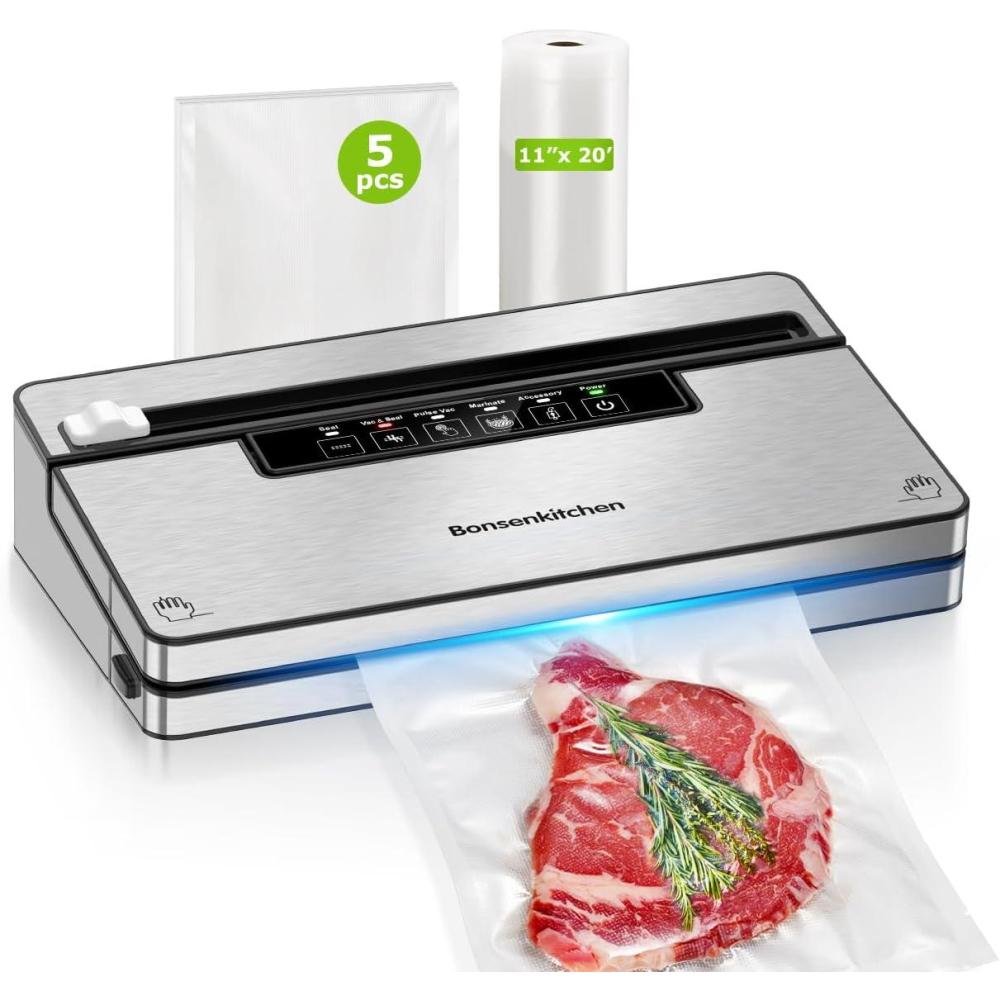 imageBonsenkitchen Vacuum Sealer Machine Stainless Steel Food Sealer Vacuum Sealers with 1 Roll ampamp 5 Bags 5 Food Vacuum Modes Builtin Cutter ampamp Bag Storage White SilverSilverBlack