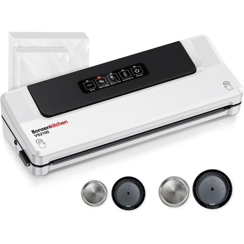 imageBonsenkitchen Vacuum Sealer MultiFunctional Food Sealer with 1 Roll Bag 5 Bags Bag Storage  Builtin Cutter SilverStainless steelWhite