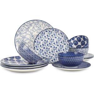 imageSelamica Ceramic 12Pieces Dinnerware Sets Ceramic Dish Plates and Bowls Sets Service for 4 Dinner Salad Dessert Plates and Cereal Bowls SetVintage BlueVintage Blue