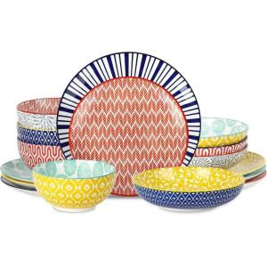 imageSelamica Ceramic 12Pieces Dinnerware Sets Ceramic Dish Plates and Bowls Sets Service for 4 Dinner Salad Dessert Plates and Cereal Bowls SetVintage BlueAssorted Colors B
