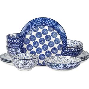 imageSelamica Ceramic 12Pieces Dinnerware Sets Ceramic Dish Plates and Bowls Sets Service for 4 Dinner Salad Dessert Plates and Cereal Bowls SetVintage BlueVintage Blue B