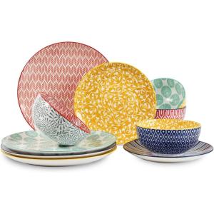 imageSelamica Ceramic 12Pieces Dinnerware Sets Ceramic Dish Plates and Bowls Sets Service for 4 Dinner Salad Dessert Plates and Cereal Bowls SetVintage BlueAssorted Colors