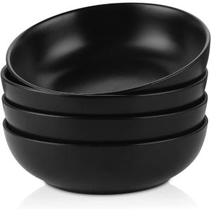 imageSelamica Ceramic 30 Ounce Large Pasta Bowls 8 inch Serving Bowls Wide and Shallow Porcelain Bowls Microwave Dishwasher Safe Set of 4 Ceylon BlueGlod rimMatte Black