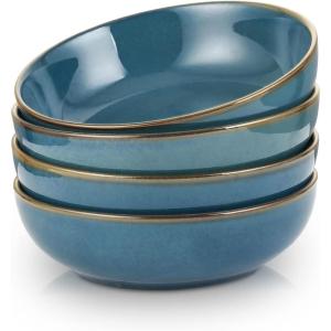 imageSelamica Ceramic 30 Ounce Large Pasta Bowls 8 inch Serving Bowls Wide and Shallow Porcelain Bowls Microwave Dishwasher Safe Set of 4 Ceylon BlueGlod rimCeylon Blue