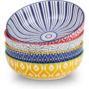 imageSelamica Pasta Bowls 30 OZ Large Salad Serving Bowls Wide Shallow Soup Bowls for Kitchen Dinner Bowls Set of 4 Microwave Dishwasher Safe BlackAssorted Corlors