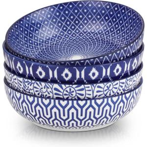 imageSelamica Pasta Bowls 30 OZ Large Salad Serving Bowls Wide Shallow Soup Bowls for Kitchen Dinner Bowls Set of 4 Microwave Dishwasher Safe BlackVintage Blue