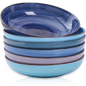 imageSelamica Porcelain 26 Ounce Salad Pasta Bowls 8 inch Wide and Shallow Serving bowls Microwave ampamp Dishwasher Safe Sturdy ampamp Stackable Set of 6 Gradient ColorGradient Blue