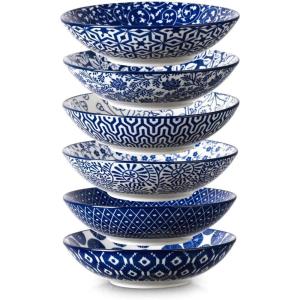 imageSelamica Porcelain 30oz Pasta Bowls Set of 6 Bowl Plates 8 Inch Soup Bowls Wide and Shallow Stackable Salad Bowls for Kitchen Microwave Oven Safe Set of 6 Gradient ColorVintage Blue