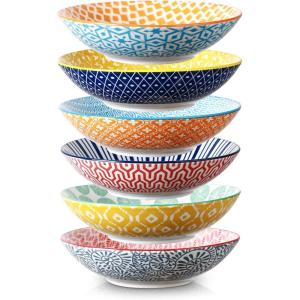 imageSelamica Porcelain 30oz Pasta Bowls Set of 6 Bowl Plates 8 Inch Soup Bowls Wide and Shallow Stackable Salad Bowls for Kitchen Microwave Oven Safe Set of 6 Gradient ColorAssorted Colors