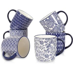 imageSelamica 16 oz Porcelain Coffee Mugs Set Ceramic Tea Cup with Handle dishwasher oven microwave safe Pack of 6 Vintage BlueVintage Blue