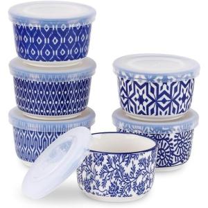 imageSelamica 6 oz Ramekins with Lids Oven Safe Creme Brulee Ramekins Souffle Dishes with Covers Pudding Custard Cups Stackable Ceramic Mini Ramekin Bowls Set for Baking Dipping Set of 6 Assorted ColorsVintage Blue