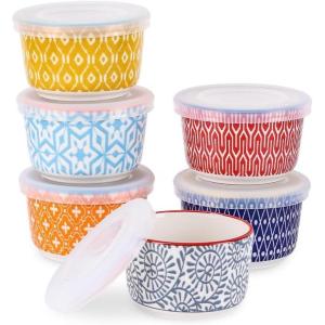 imageSelamica 6 oz Ramekins with Lids Oven Safe Creme Brulee Ramekins Souffle Dishes with Covers Pudding Custard Cups Stackable Ceramic Mini Ramekin Bowls Set for Baking Dipping Set of 6 Assorted ColorsAssorted Colors