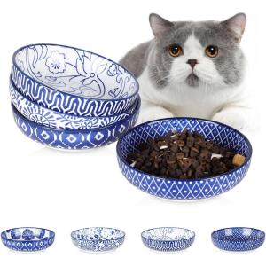 imageSelamica Ceramic Cat Food Bowls Set of 4 56 Inch Wide Shallow Cat BowlsDishes for Food and Water 8 OZ Small Flat Cat Feeding Bowls for Relief Whisker Fatigue Dishwasher Safe Vintage BlueVintage Blue