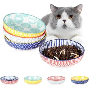 imageSelamica Ceramic Cat Food Bowls Set of 4 56 Inch Wide Shallow Cat BowlsDishes for Food and Water 8 OZ Small Flat Cat Feeding Bowls for Relief Whisker Fatigue Dishwasher Safe Vintage BlueAssorted Colors