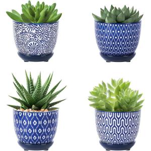 imageSelamica Ceramic Plant Pots 46 Inch Flower Pots for Indoor Plants Succulent Pots with Drainage Hole ampamp Saucer Succulent Planters for Succulent Cactus Home Decor Set of 4 Vintage BlueVintage Blue