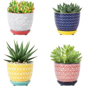 imageSelamica Ceramic Plant Pots 46 Inch Flower Pots for Indoor Plants Succulent Pots with Drainage Hole ampamp Saucer Succulent Planters for Succulent Cactus Home Decor Set of 4 Vintage BlueAssorted Colors