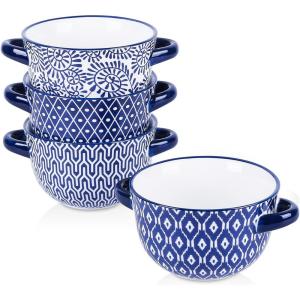 imageSelamica Ceramic Soup Bowls with Handles French Onion Soup Crocks 20 OZ Oven Safe Soup Bowls for French Onion Chili Beef Stew Cereal Pot Pies Set of 4 Vintage Blue