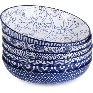 imageSelamica Porcelain 26 Ounce Pasta Bowls Set of 6 8 inch Wide and Shallow Salad Bowls Serving Bowls Microwave ampamp Dishwasher Safe Sturdy ampamp Stackable Variety of ColorsVintage Blue