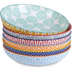imageSelamica Porcelain 26 Ounce Pasta Bowls Set of 6 8 inch Wide and Shallow Salad Bowls Serving Bowls Microwave ampamp Dishwasher Safe Sturdy ampamp Stackable Variety of ColorsAssorted Bowls