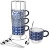 imageSelamica Ceramic Coffee Mugs Set 14 Oz Stackable Large Porcelain Cappuccino Cups with Spoons and Stand Rack Perfect for Latte Mocha Espresso Tea Set of 4 Vintage BlueVintage Blue
