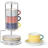 imageSelamica Ceramic Espresso Cups with Saucers 25 OZ Stackable Demitasse Cups with Metal Stand Mini Espresso Mugs for Latte Coffee Caf Mocha Tea Set of 6 Assorted ColorsAssorted Colors