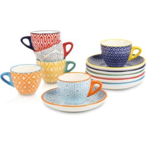 imageSelamica Ceramic 2 oz Espresso Cups Small Expresso Coffee Cup Set with Saucers Porcelain Mini Demitasse Cups for Latte Mocha Tea Set of 6 Vintage BlueAssorted Colors