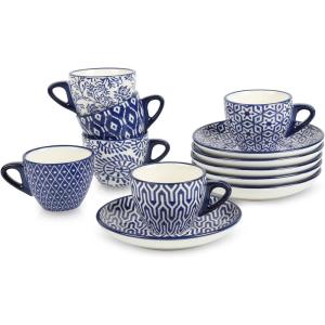 imageSelamica Ceramic 2 oz Espresso Cups Small Expresso Coffee Cup Set with Saucers Porcelain Mini Demitasse Cups for Latte Mocha Tea Set of 6 Vintage BlueVintage Blue