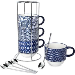 imageSelamica Ceramic Coffee Mugs Set 14 Oz Stackable Large Porcelain Cappuccino Cups with Spoons and Stand Rack Perfect for Latte Mocha Espresso Tea Set of 4 Vintage BlueVintage Blue