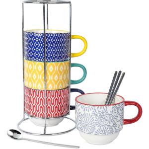 imageSelamica Ceramic Coffee Mugs Set 14 Oz Stackable Large Porcelain Cappuccino Cups with Spoons and Stand Rack Perfect for Latte Mocha Espresso Tea Set of 4 Vintage BlueAssorted Colors