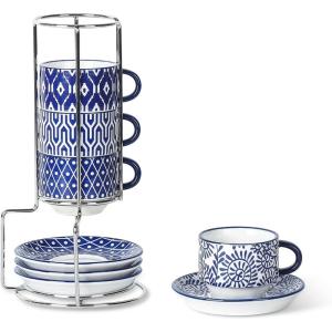 imageSelamica Ceramic Espresso Cups with Saucers 25 OZ Stackable Demitasse Cups with Metal Stand Mini Espresso Mugs for Latte Coffee Caf Mocha Tea Set of 6 Assorted ColorsVintage Blue