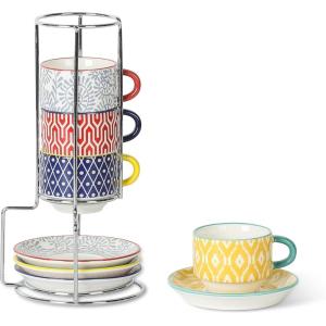 imageSelamica Ceramic Espresso Cups with Saucers 25 OZ Stackable Demitasse Cups with Metal Stand Mini Espresso Mugs for Latte Coffee Caf Mocha Tea Set of 6 Assorted ColorsAssorted Colors