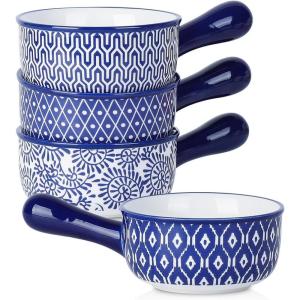 imageSelamica Ceramic Soup Crocks With Handles 15 OZ French Onion Soup Bowls Oven Safe Soup Bowls For Cereal Stew Chilli Pot Pies Baking Microwave Dishwasher Safe Set of 4 Vintage BlueVintage Blue