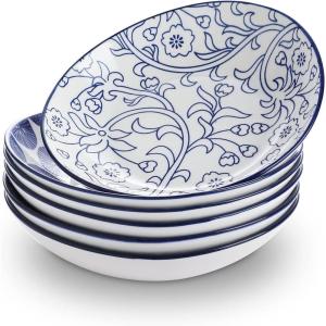 imageSelamica 8 inch Porcelain Oval Serving Bowls for Salad Dessert Oven Safe Dinner Plates Pasta Bowls Set of 6 Vintage Blue