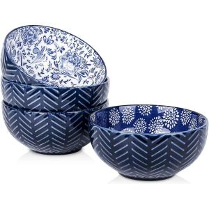 imageSelamica Ceramic Cereal Bowls Set 25 OZ Embossed Soup Bowls Dessert Bowls 59 Inch Ceramic Kitchen Bowls for Ramen Oatmeal Fruits Microwave Dishwasher Safe Set of 4 Blue