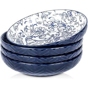 imageSelamica Ceramic Pasta Bowls Set 35 OZ Large Salad Bowls 85 Inch Embossed Pasta Plates Bowls for Kitchen Shallow Soup Bowls Serving Bowls Microwave ampamp Dishwasher Safe Set of 4 Blue