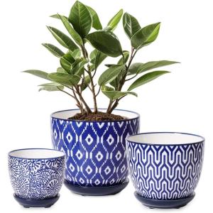 imageSelamica Ceramic Plant Pots Indoor Flower Pots for Indoor Plants 354655 Planters with Drainage Hole ampamp Saucer Set of 3 Home Decor Vintage BlueVintage Blue