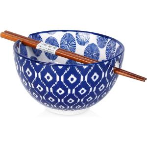imageSelamica Ceramic Ramen Bowls Set 15 OZ Noodle Bowls for Kitchen with Chopsticks Deep Soup Bowls for Japanese Ramen Udon Soba Microwave Dishwasher Safe Set of 4 Assorted ColorsBlue A
